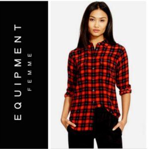 Equipment Femme Red Black Plaid 100% Silk Button-Down Blouse Top Shirt $268.00